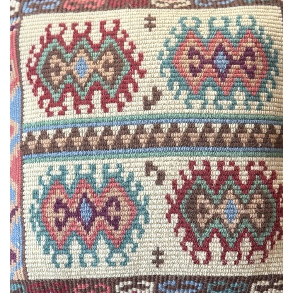 Exquisite Handmade Vintage Turkish Kilim Style Rug Pillow 12x12, Tassels Charms
